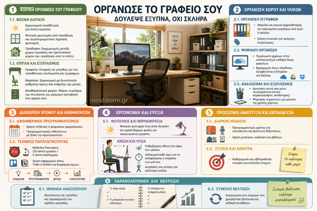 Οικονομικό infographic στα ελληνικά για οργάνωση γραφείου: 6 θεματικές ενότητες με συμβουλές οργάνωσης χώρου, εξοπλισμού, χρόνου και ευεξίας.
