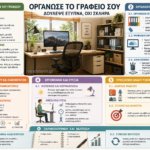Οικονομικό infographic στα ελληνικά για οργάνωση γραφείου: 6 θεματικές ενότητες με συμβουλές οργάνωσης χώρου, εξοπλισμού, χρόνου και ευεξίας.