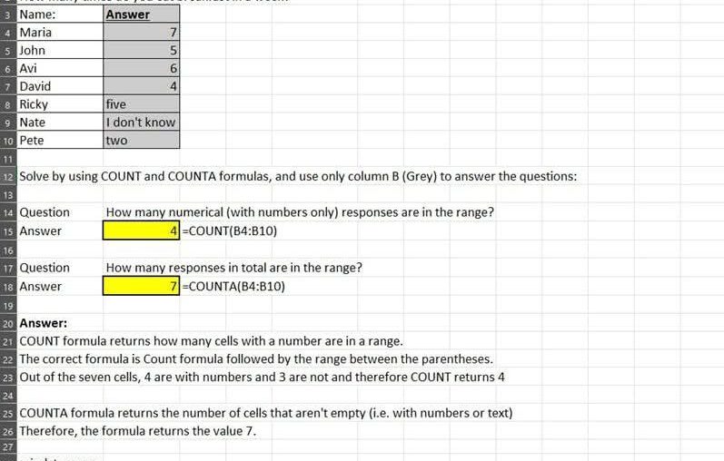 The table shows survey responses - Use of COUNTA and COUNT in Excel
