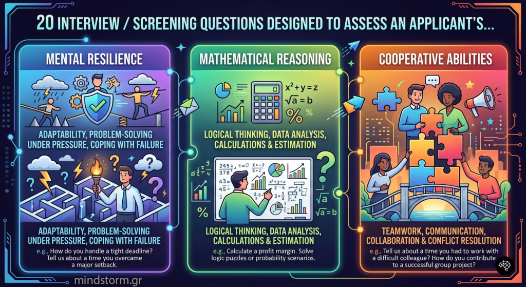 Infographic showing three categories of interview questions: Mental Resilience, Mathematical Reasoning, and Cooperative Abilities, with icons and text about adaptability, data analysis, and teamwork for evaluating applicants.