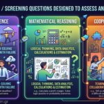 Infographic showing three categories of interview questions: Mental Resilience, Mathematical Reasoning, and Cooperative Abilities, with icons and text about adaptability, data analysis, and teamwork for evaluating applicants.