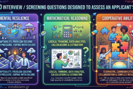 Infographic showing three categories of interview questions: Mental Resilience, Mathematical Reasoning, and Cooperative Abilities, with icons and text about adaptability, data analysis, and teamwork for evaluating applicants.