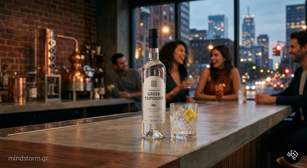 Bottle of premium Greek tsipouro on a bar counter with a glass of ice and lemon, blurred group chatting in the background.