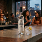 Bottle of premium Greek tsipouro on a bar counter with a glass of ice and lemon, blurred group chatting in the background.