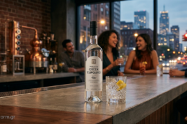 Bottle of premium Greek tsipouro on a bar counter with a glass of ice and lemon, blurred group chatting in the background.