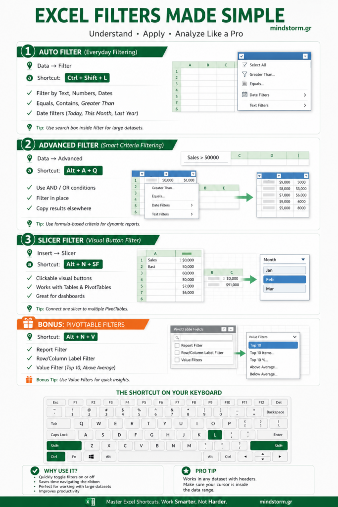 Infographic titled Excel Filters Made Simple showing Auto, Advanced, Slicer and Pivot filters with shortcuts and tips.