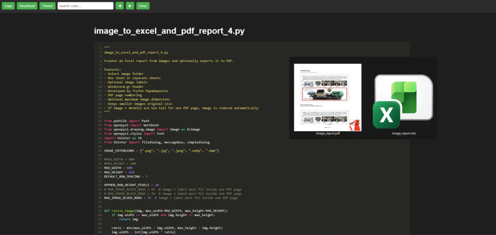 Screenshot of Python script image_to_excel_and_pdf_report_4.py open in a dark editor, with two image thumbnails (image_report.pdf and image_report.xlsx) displayed to the right.