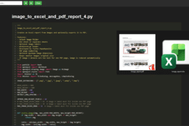 Screenshot of Python script image_to_excel_and_pdf_report_4.py open in a dark editor, with two image thumbnails (image_report.pdf and image_report.xlsx) displayed to the right.