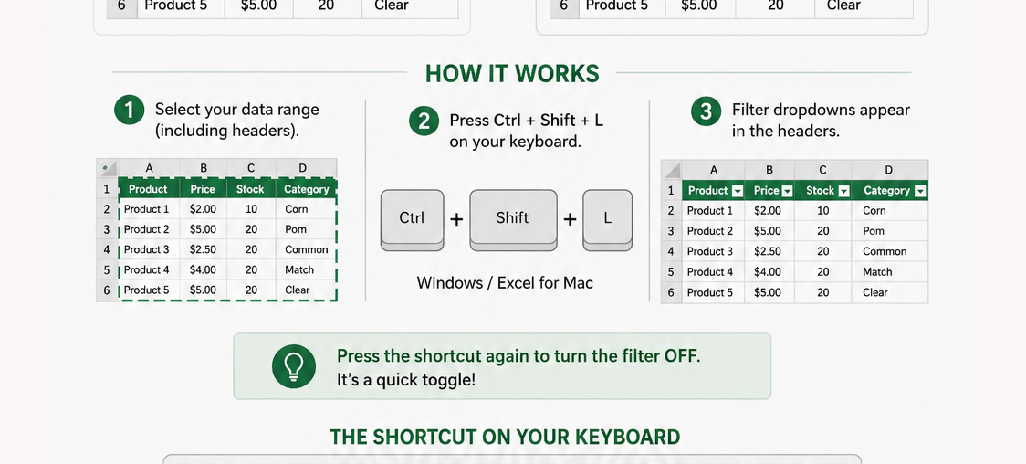 Infographic showing how to toggle Excel AutoFilter with Ctrl+Shift+L, comparing BEFORE/AFTER views and the keyboard shortcut steps.