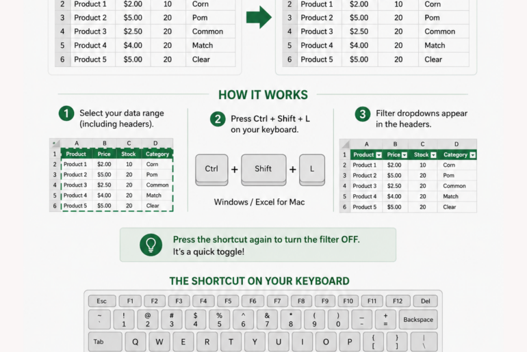 Infographic showing how to toggle Excel AutoFilter with Ctrl+Shift+L, comparing BEFORE/AFTER views and the keyboard shortcut steps.