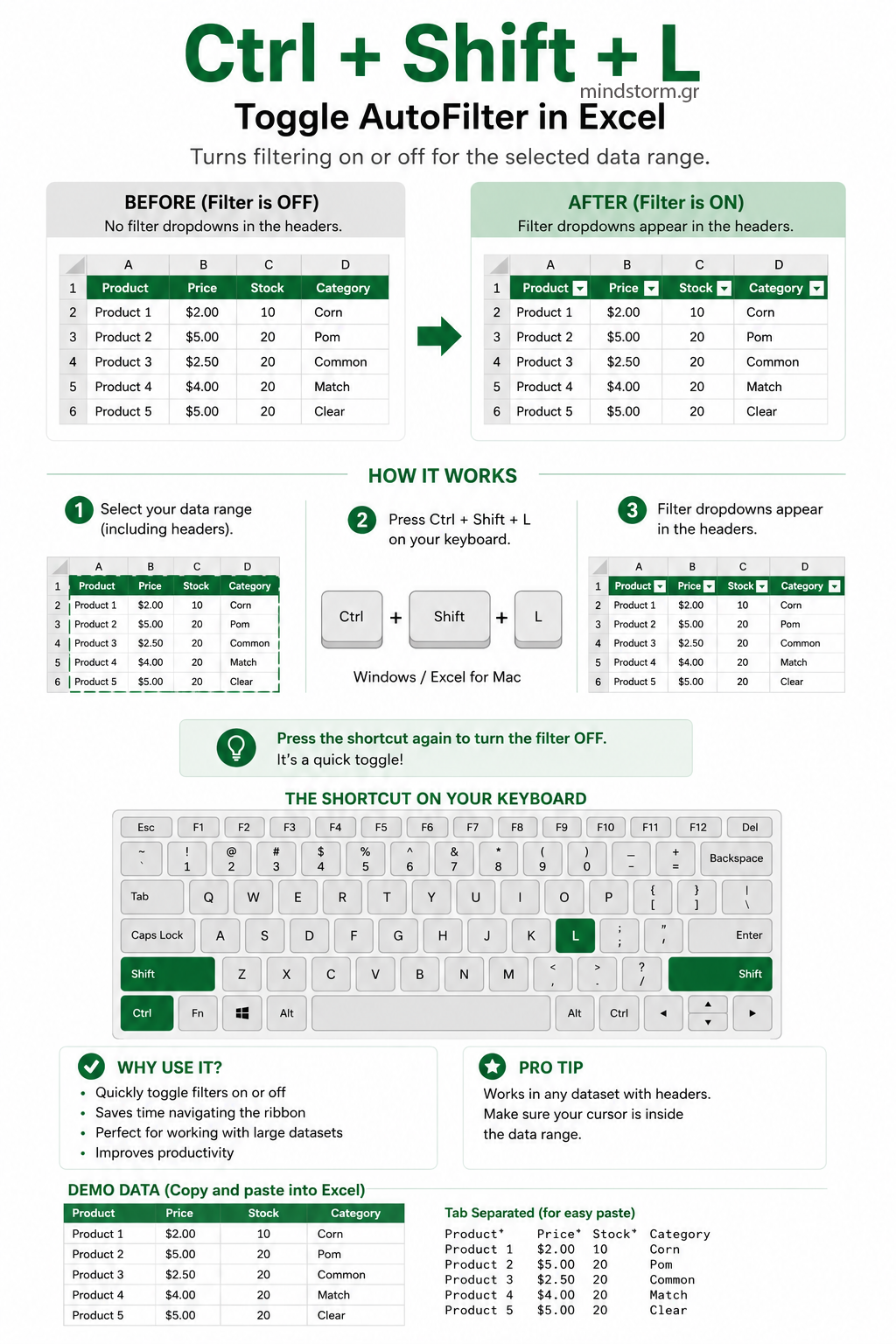 Toggle auto filter in excel