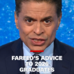 Close-up of a man in a dark suit speaking against a blue backdrop; overlay text reads "FAREED'S ADVICE TO 2026 GRADUATES".