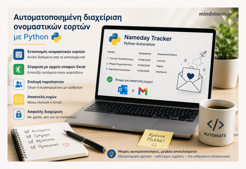Infographic in Greek about automated name‑day management with Python, showing a laptop screen and feature icons.