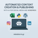 Promotional infographic about AI-powered automated content creation and publishing for social media and WordPress, with platform icons around a laptop and the site mindstorm.gr.