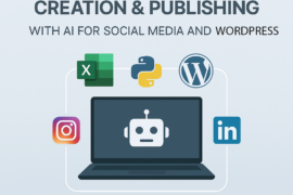 Promotional infographic about AI-powered automated content creation and publishing for social media and WordPress, with platform icons around a laptop and the site mindstorm.gr.