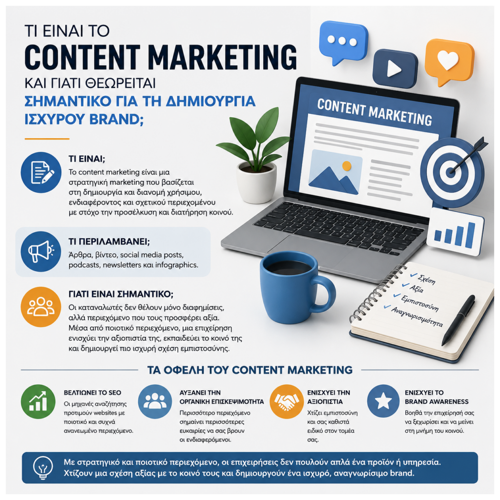Infographic in Greek explaining content marketing, featuring a laptop, plant, notebook, and colorful icons.