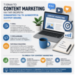 Infographic in Greek explaining content marketing, featuring a laptop, plant, notebook, and colorful icons.