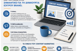 Infographic in Greek explaining content marketing, featuring a laptop, plant, notebook, and colorful icons.