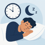 Person sleeping on a pillow at night with a clock showing ~10:10 and Zs to indicate sleep.