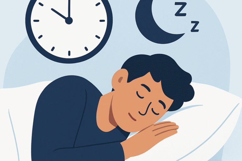 Person sleeping on a pillow at night with a clock showing ~10:10 and Zs to indicate sleep.
