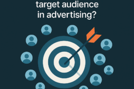 Graphic showing a dart hitting the bullseye at a target, surrounded by circular audience avatars, illustrating targeting the audience in advertising (mindstorm.gr).