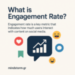 Infographic explaining engagement rate as a key social media metric, with a chart icon and social icons; includes the site mindstorm.gr.