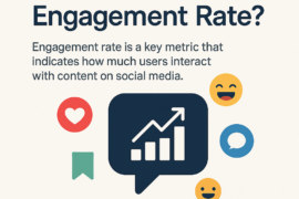 Infographic explaining engagement rate as a key social media metric, with a chart icon and social icons; includes the site mindstorm.gr.
