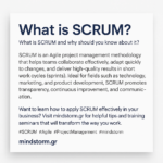 Poster explaining SCRUM: definition, benefits, and learning resources from mindstorm.gr on a white card with dark blue text.