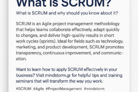 Poster explaining SCRUM: definition, benefits, and learning resources from mindstorm.gr on a white card with dark blue text.