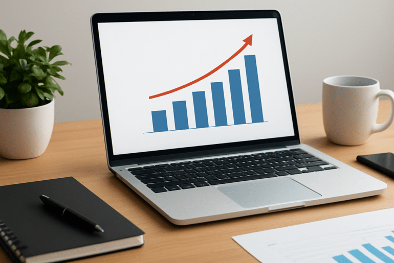 Laptop on a wooden desk displays a blue bar chart with a rising red arrow indicating growth.