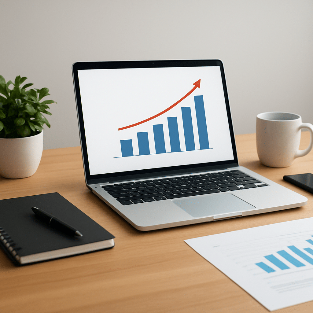 Laptop on a wooden desk displays a blue bar chart with a rising red arrow indicating growth.