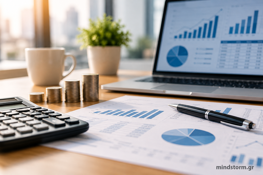 Professional Finance Desk with Charts and Coins mindstormGR